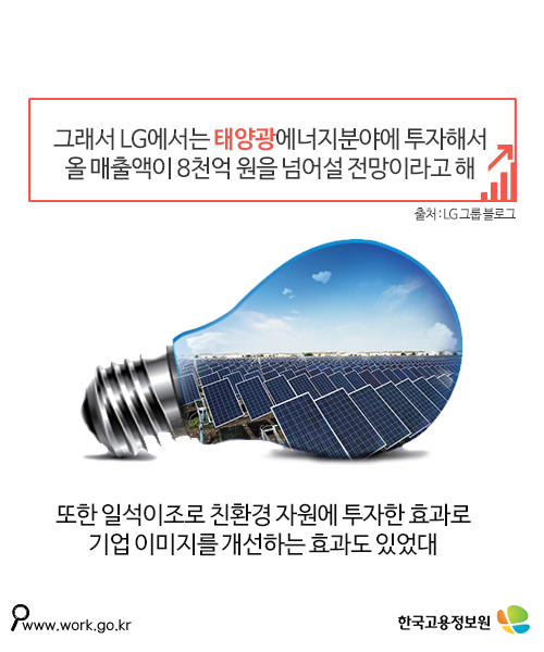 그래서 LG에서는 태양광에너지분야에 투자해서
올 매출액이 8천억 원을 넘어설 전망이라고 해

또한 일석이조로 친환경 자원에 투자한 효과로
기업 이미지를 개선하는 효과도 있었대