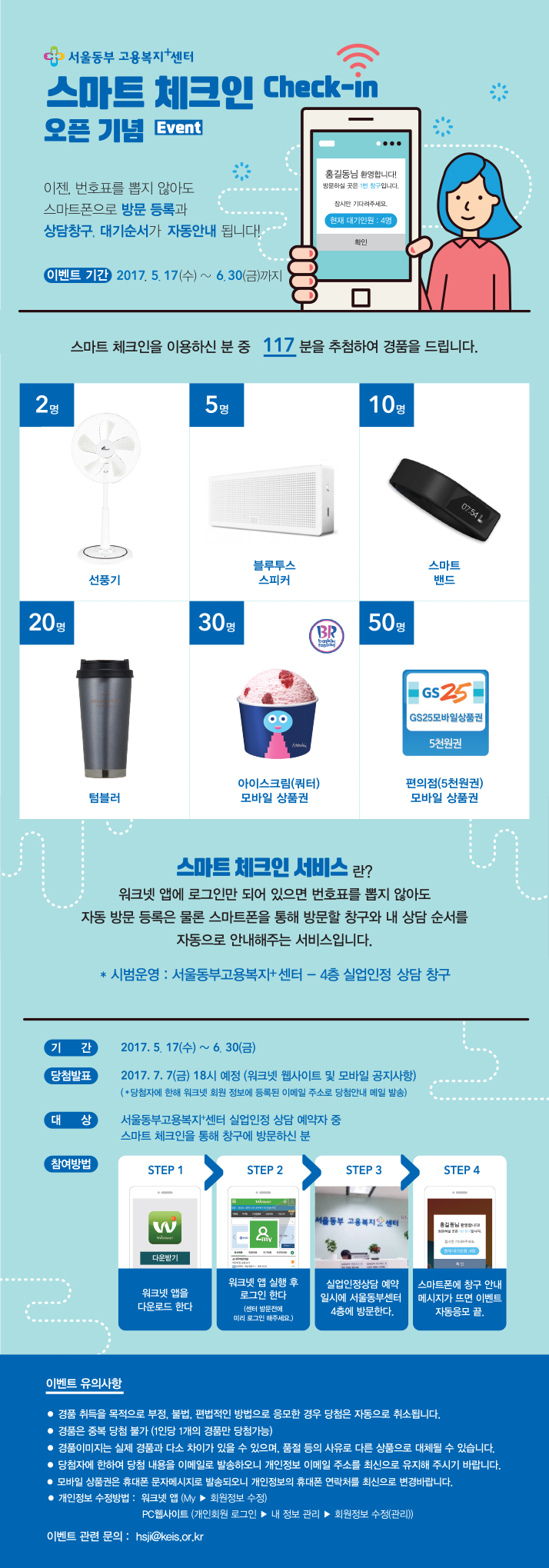 서울동부고용복지플러스 센터 스마트 체크인 이용자중 117분을 추첨하여 경품을 드립니다.

스마트체크인 서비스는 워크넷 앱에 로그인 되어 있다면 스마트폰을 통해 방문 창구와 내 상담 순서를 자동으로 안내해주는 서비스입니다.

이벤트 기간은  2017년 5월 17일부터 2017년 6월 30일까지이며 당첨자 발표는 7월7일 워크넷 웹사이트 및 모바일에 공지할 예정입니다.

참여방법은 실업인정 상담예약일에 서울 동부고용복지플러스 센터 방문 출석시 워크넷 앱에 로그인되어 있으면 자동 응모됩니다.

경품은 1인당 1개의 경품만 당첨 가능하며, 불법,부정,편법적인 방법으로 이벤트 응모시 당첨되더라도 경품은 지급 취소되며, 당첨자에 한하여 당첨내용을 이메일로 발송하오니 워크넷 개인회원 정보 관리페이지에서 최신 정보로 수정하여 주시기 바랍니다.

