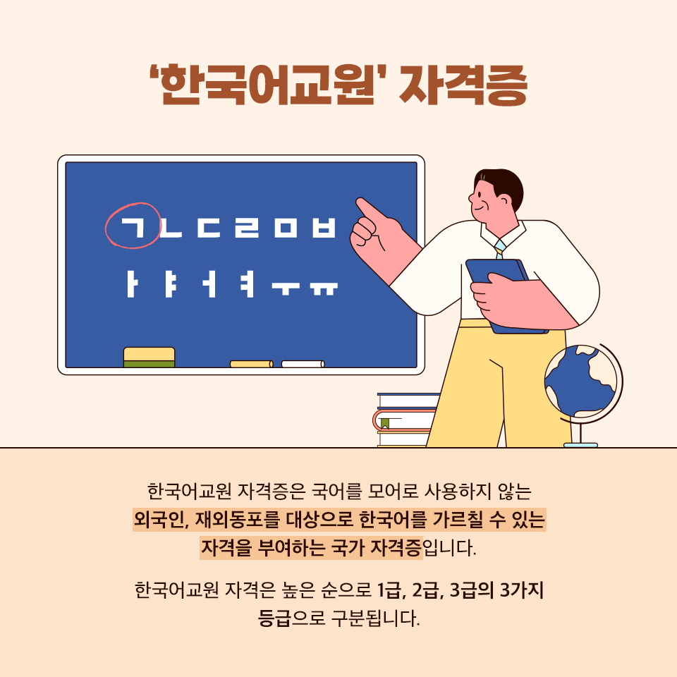 첫번째는 한국어교원 자격증입니다. 한국어교원 자격증은 국어를 모어로 하지 않는 외국인과 재외동포를 대상으로 
한국어를 가르칠 수 있는 자격을 부여하는 국가 자격증으로 1~3급으로 구분됩니다.