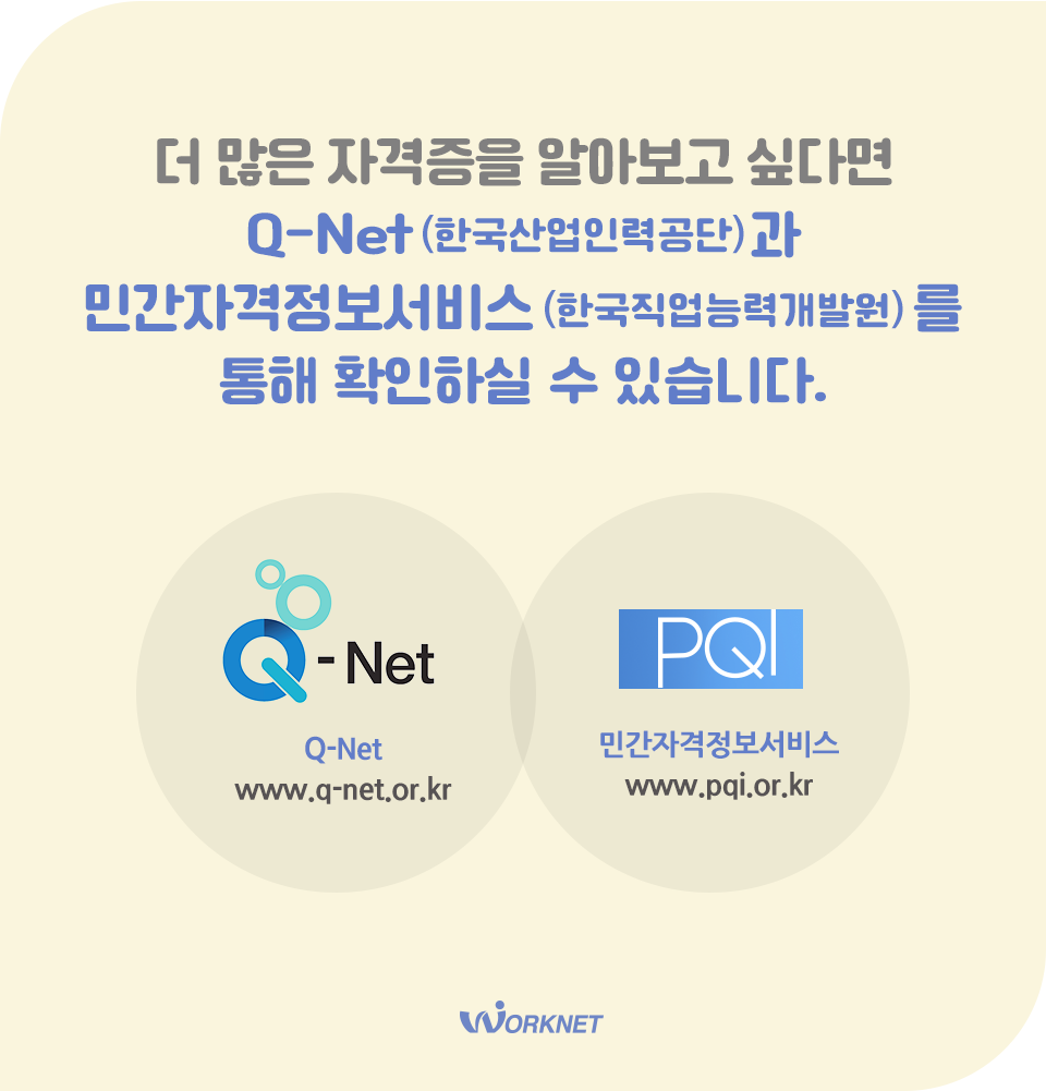 더 많은 자격증을 알아보고 싶다면 한국산업인력공단이 운영하는 Q-Net(www.q-net.or.kr)과 한국직업능력개발원이 운영하는 민간자격정보서비스(https://www.pqi.or.kr)를 통해 확인하실 수 있습니다.