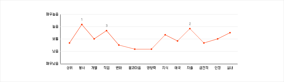 검사 점수의 해석을 꺾은선 그래프로 표현. 성취:낮음과 보통사이, 봉사:높음과 매우높음 사이(점수 1위), 개별:보통, 직업:보통과 높음 사이(점수 3위), 변화:낮음과 보통사이, 몸과마음:낮음과 보통사이, 영향력:낮음과 보통사이, 지식:보통과 높음 사이, 애국:낮음과 보통사이, 자율:보통과 높음사이(점수 2위), 금전적:낮음과 보통사이, 인정:보통, 실내:보통과 높음사이