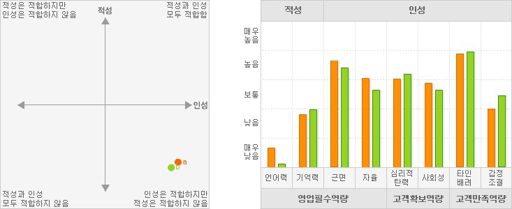 출판/서적 영업과 가전제품영업 적성,인성요인의 역량 그래프 예시